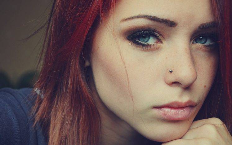women model face redhead blue eyes pierced nose freckles HD Wallpaper Desktop Background