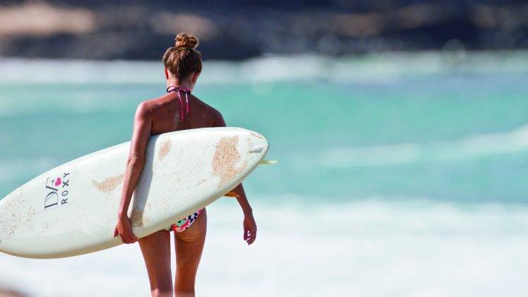 beach sea women model surfboards bikini hair bun HD Wallpaper Desktop Background