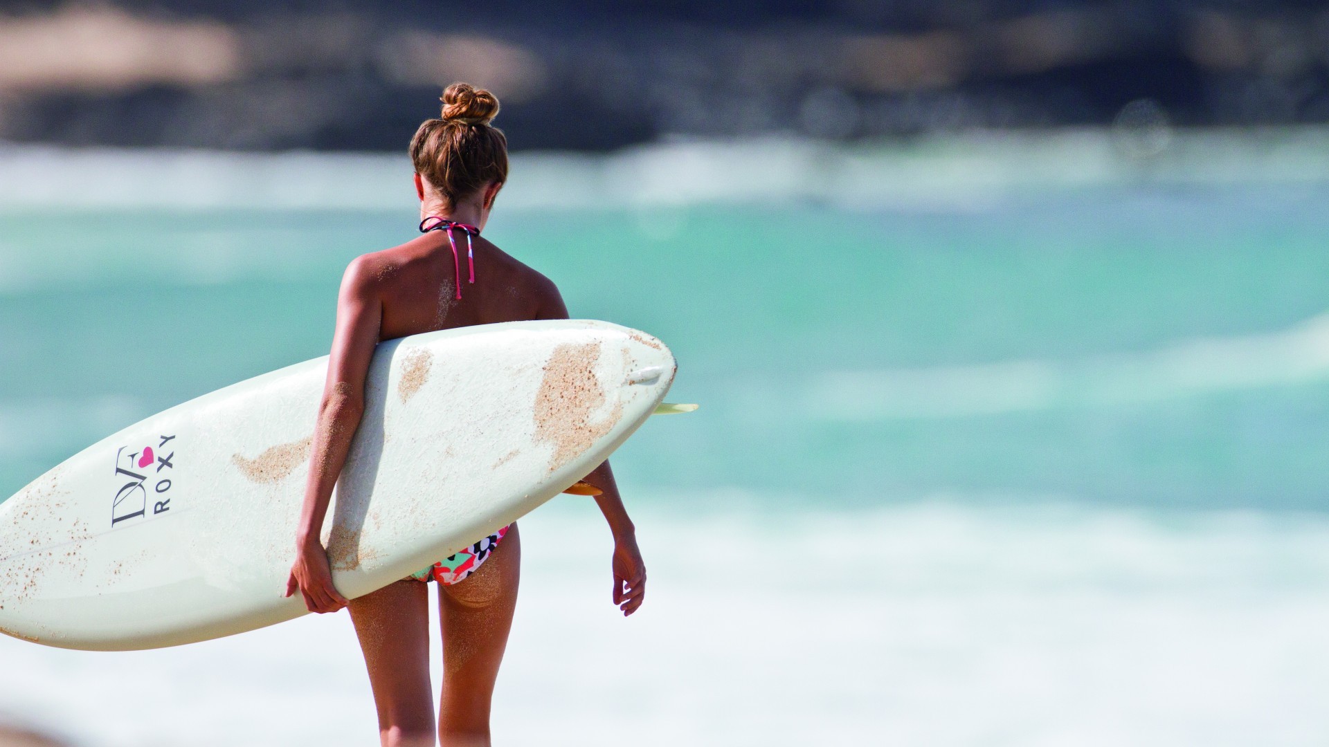 beach sea women model surfboards bikini hair bun Wallpaper