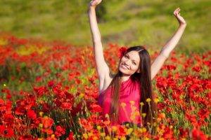 model women long hair brunette flowers smiling poppies red flowers