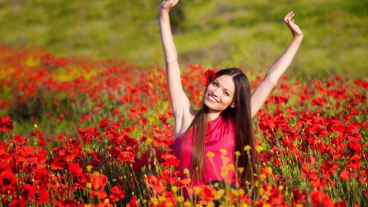 model women long hair brunette flowers smiling poppies red flowers HD Wallpaper Desktop Background