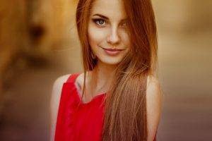 women model long hair smiling brunette red dress women outdoors blue eyes filter airbrushed ann nevreva