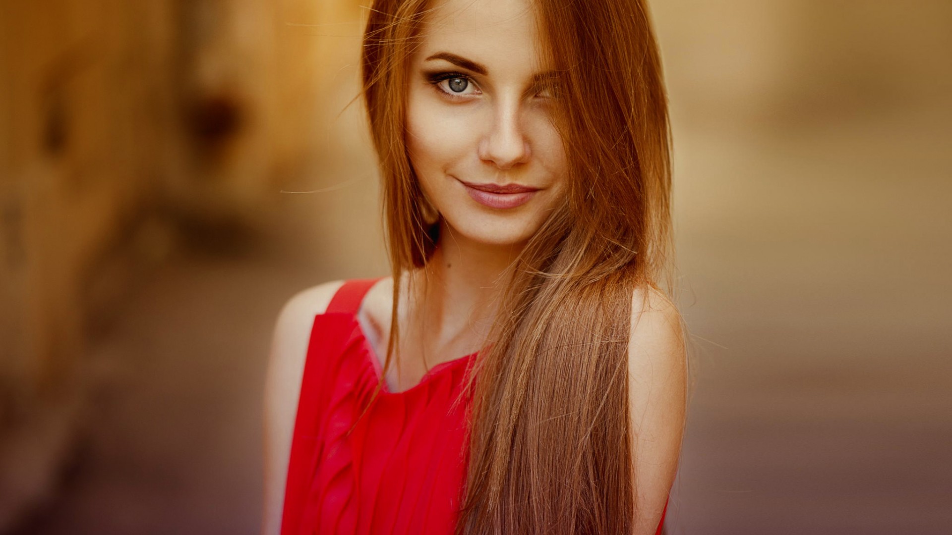 women model long hair smiling brunette red dress women outdoors blue eyes filter airbrushed ann nevreva Wallpaper