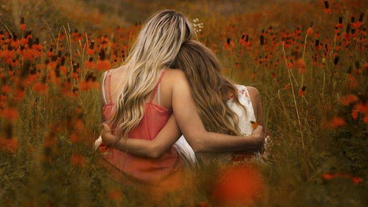 women model long hair blonde brunette women outdoors flowers hugging HD Wallpaper Desktop Background