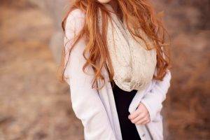 women model redhead long hair women outdoors smiling blue eyes skirt sweater scarf wavy hair black dress