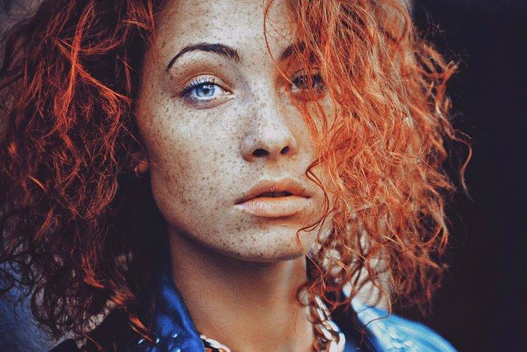 women model redhead face curly hair open mouth freckles blue eyes HD Wallpaper Desktop Background