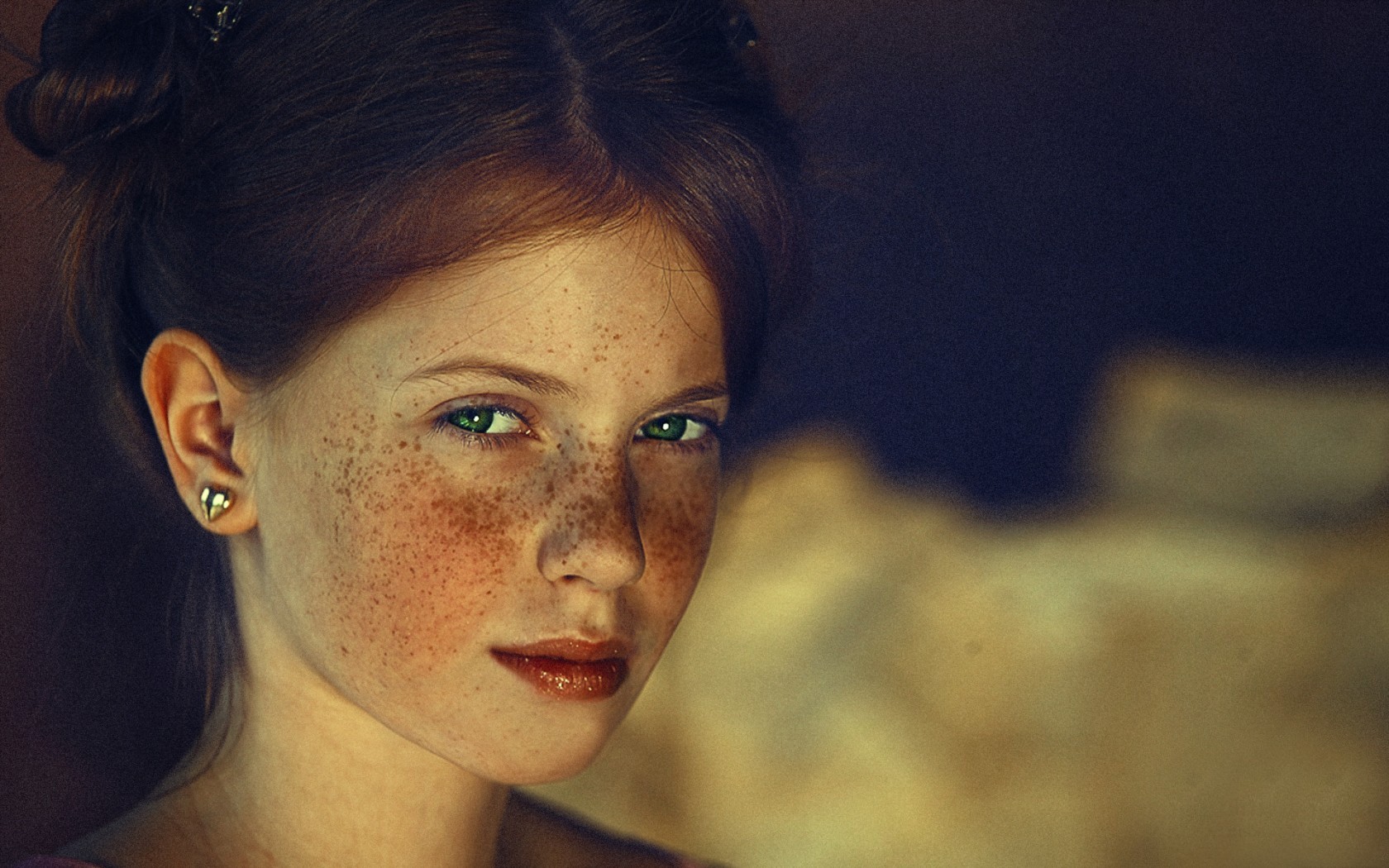 women face freckles green eyes photo manipulation Wallpaper