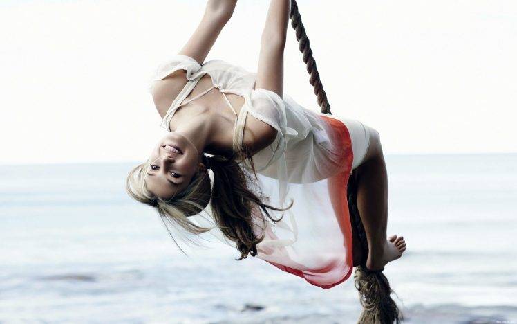 women ropes swings sea upside down barefoot HD Wallpaper Desktop Background