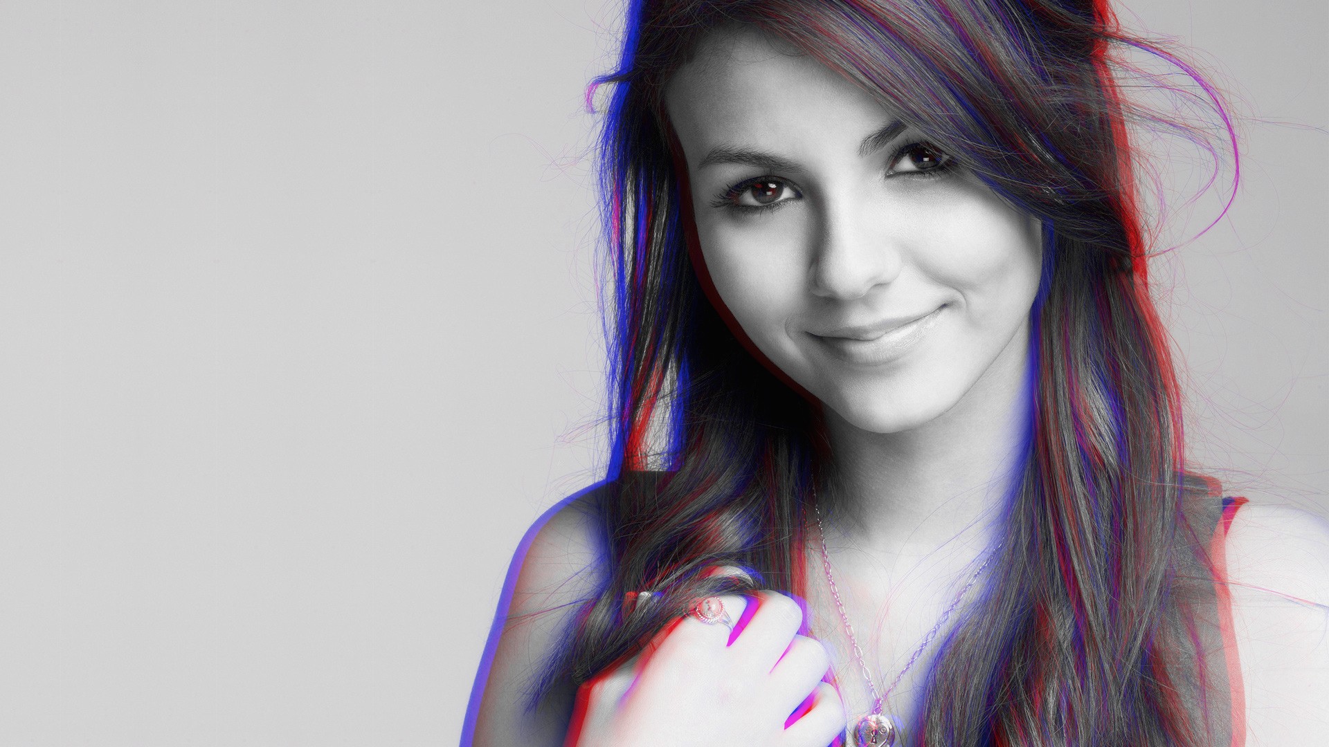 anaglyph 3d victoria justice women face long hair looking at viewer simple background Wallpaper