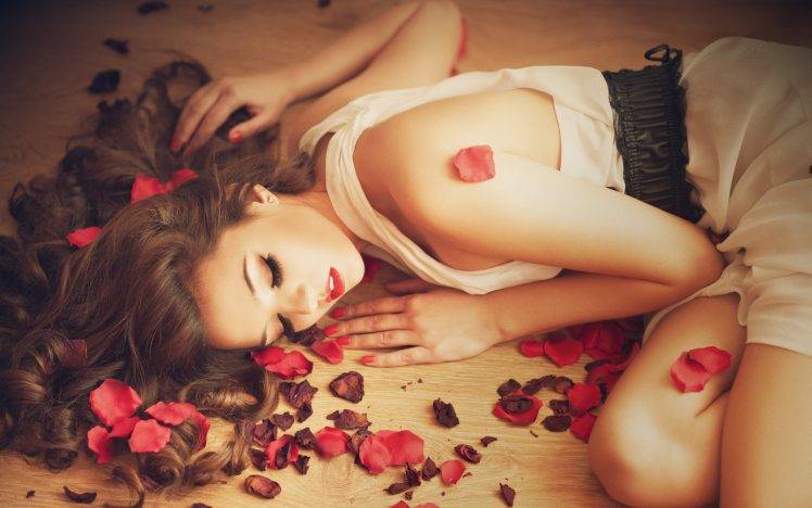 women model brunette long hair closed eyes open mouth white dress on the floor petals sleeping HD Wallpaper Desktop Background