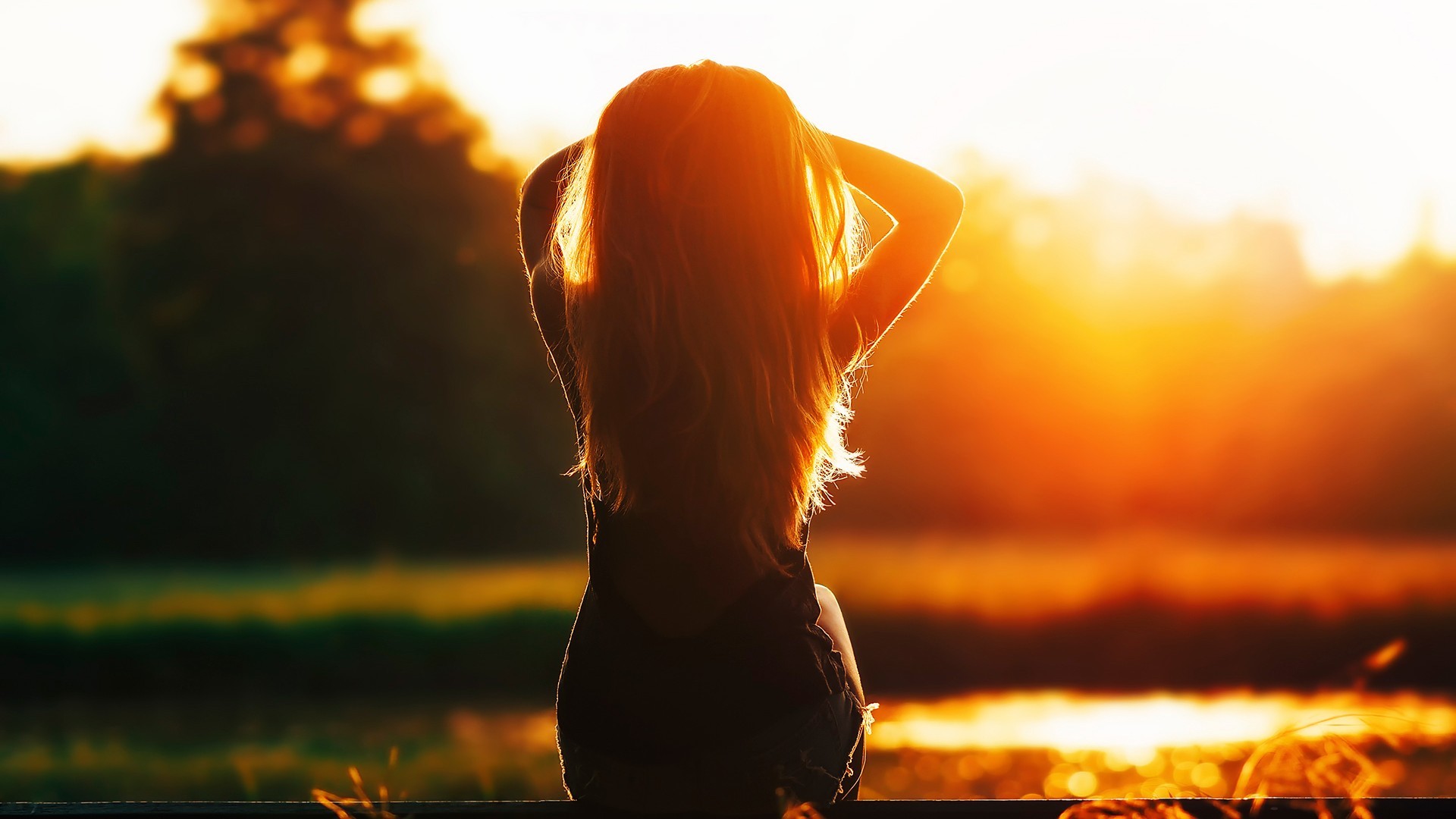 women model long hair sunset golden hour Wallpaper