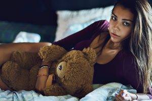 women model long hair brunette teddy bears