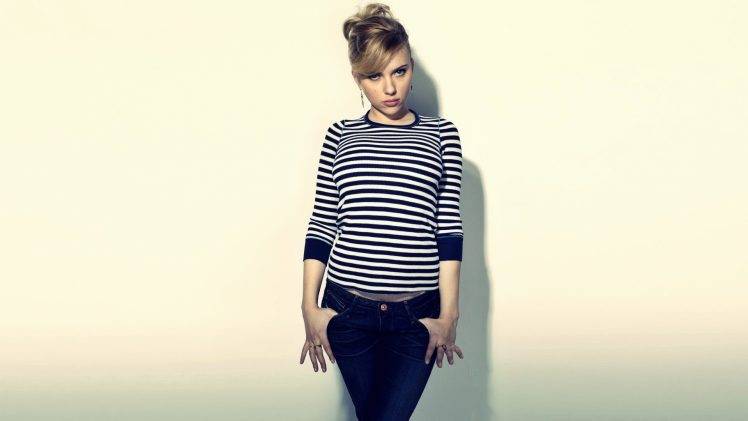 scarlett johansson women striped sweaters actress HD Wallpaper Desktop Background