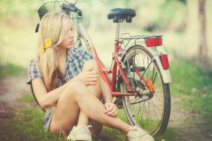 women model long hair blonde bicycle legs