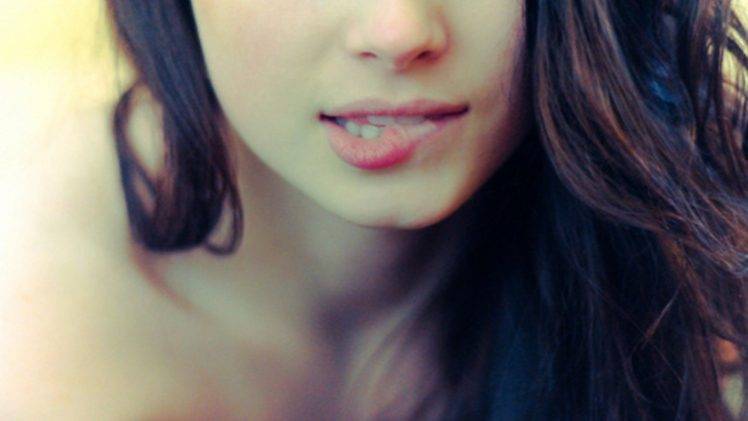 women model long hair biting lip face brunette depth of field HD Wallpaper Desktop Background