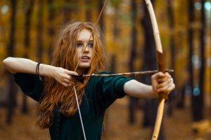 women long hair wavy hair redhead bow and arrow