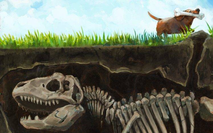 artwork dinosaurs dog bones split view HD Wallpaper Desktop Background