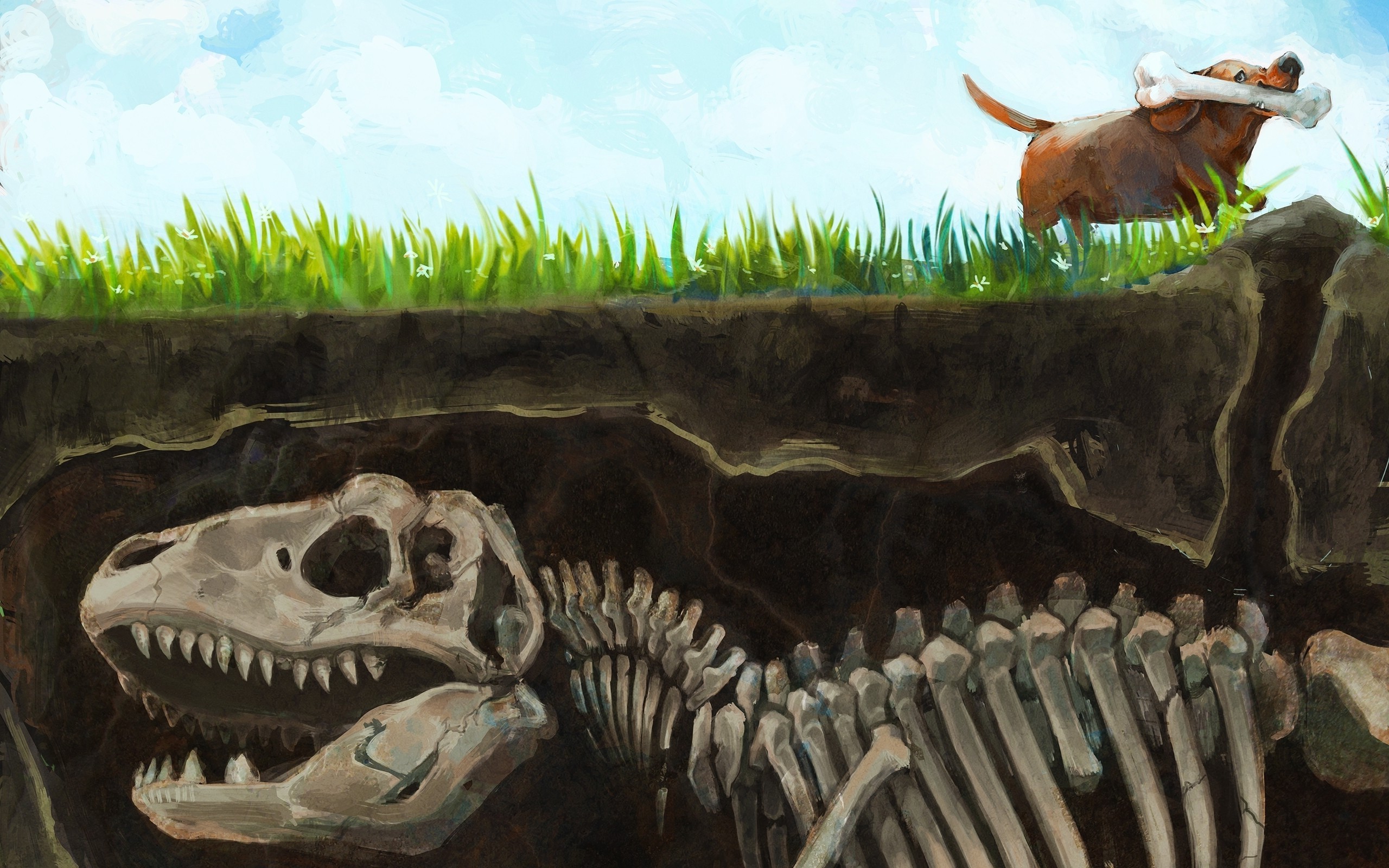 artwork dinosaurs dog bones split view Wallpaper