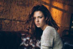 model brunette long hair walls women face sweater redhead couch blue eyes