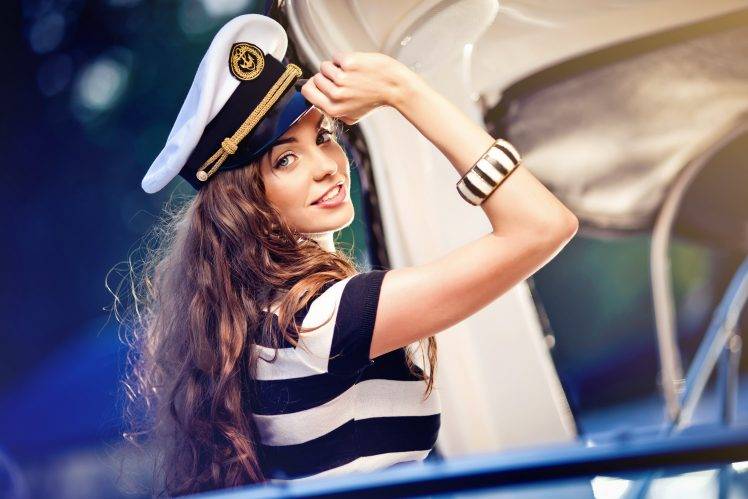 women model brunette long hair face women outdoors yacht smiling captain HD Wallpaper Desktop Background