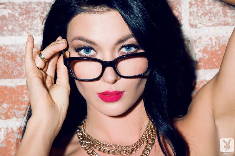 brunette blue eyes glasses elena romanova black hair face necklace women HD Wallpaper Desktop Background