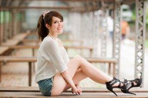 women model asian brunette long hair smiling sweater jean shorts high heels women outdoors