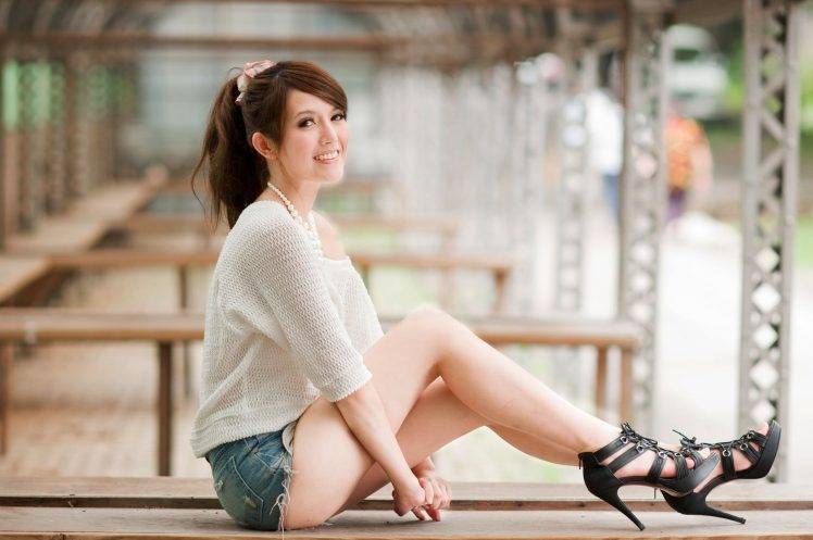 women model asian brunette long hair smiling sweater jean shorts high heels women outdoors HD Wallpaper Desktop Background