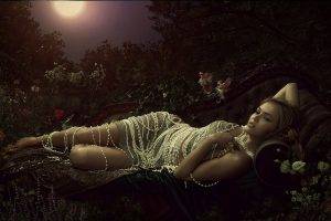 women model couch blonde long hair open mouth flowers moonlight trees pearl necklace photo manipulation