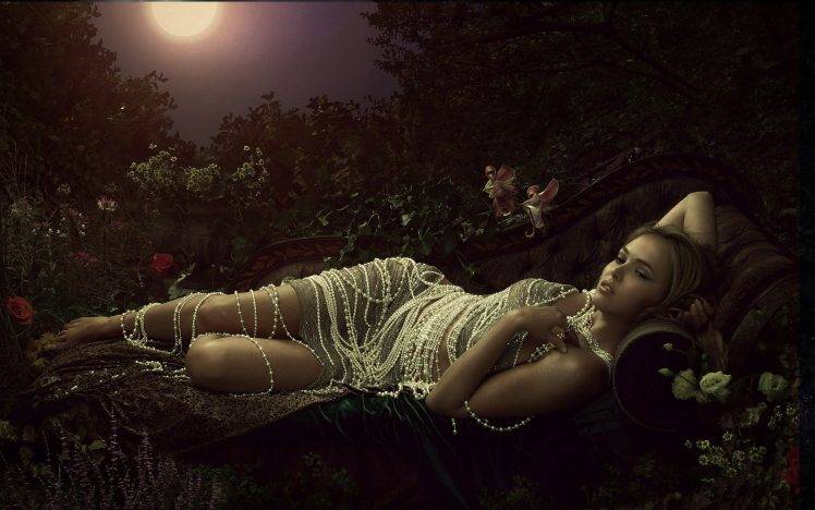 women model couch blonde long hair open mouth flowers moonlight trees pearl necklace photo manipulation HD Wallpaper Desktop Background