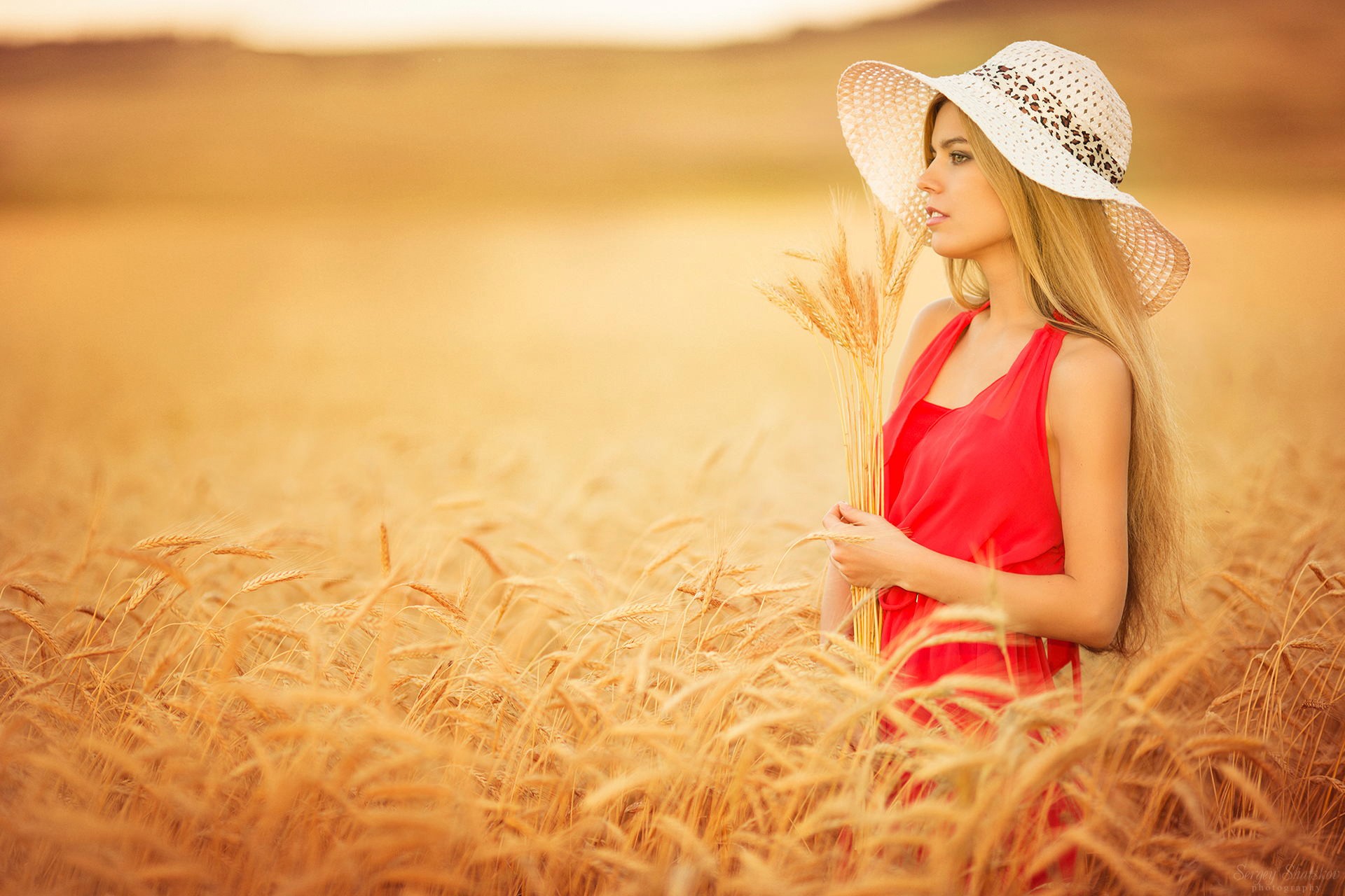 women model blonde long hair women outdoors open mouth red dress grain spikelets Wallpaper