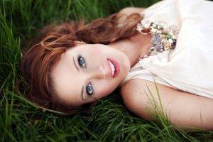 women model long hair women outdoors smiling blue eyes white dress grass redhead pierced nose open mouth