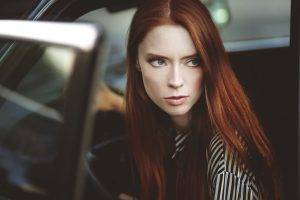 women redhead car green eyes long hair