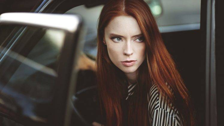 women redhead car green eyes long hair HD Wallpaper Desktop Background