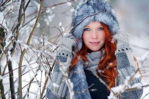 women redhead long hair wavy hair model smiling women outdoors trees sweater blue eyes winter snow furry