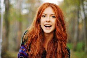 women redhead long hair wavy hair model smiling women outdoors trees sweater blue eyes ebba zingmark