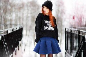 women model ebba zingmark redhead long hair women outdoors open mouth snow winter black stockings