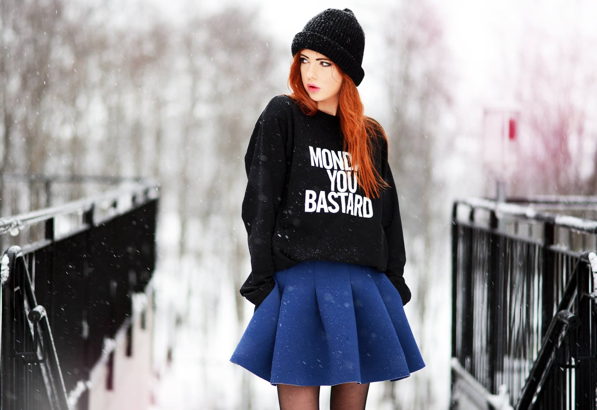 women model ebba zingmark redhead long hair women outdoors open mouth snow winter black stockings Wallpaper