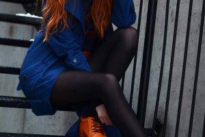 ebba zingmark redhead long hair women outdoors open mouth coats stockings stairs