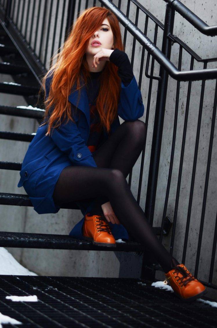 ebba zingmark redhead long hair women outdoors open mouth coats stockings stairs HD Wallpaper Desktop Background