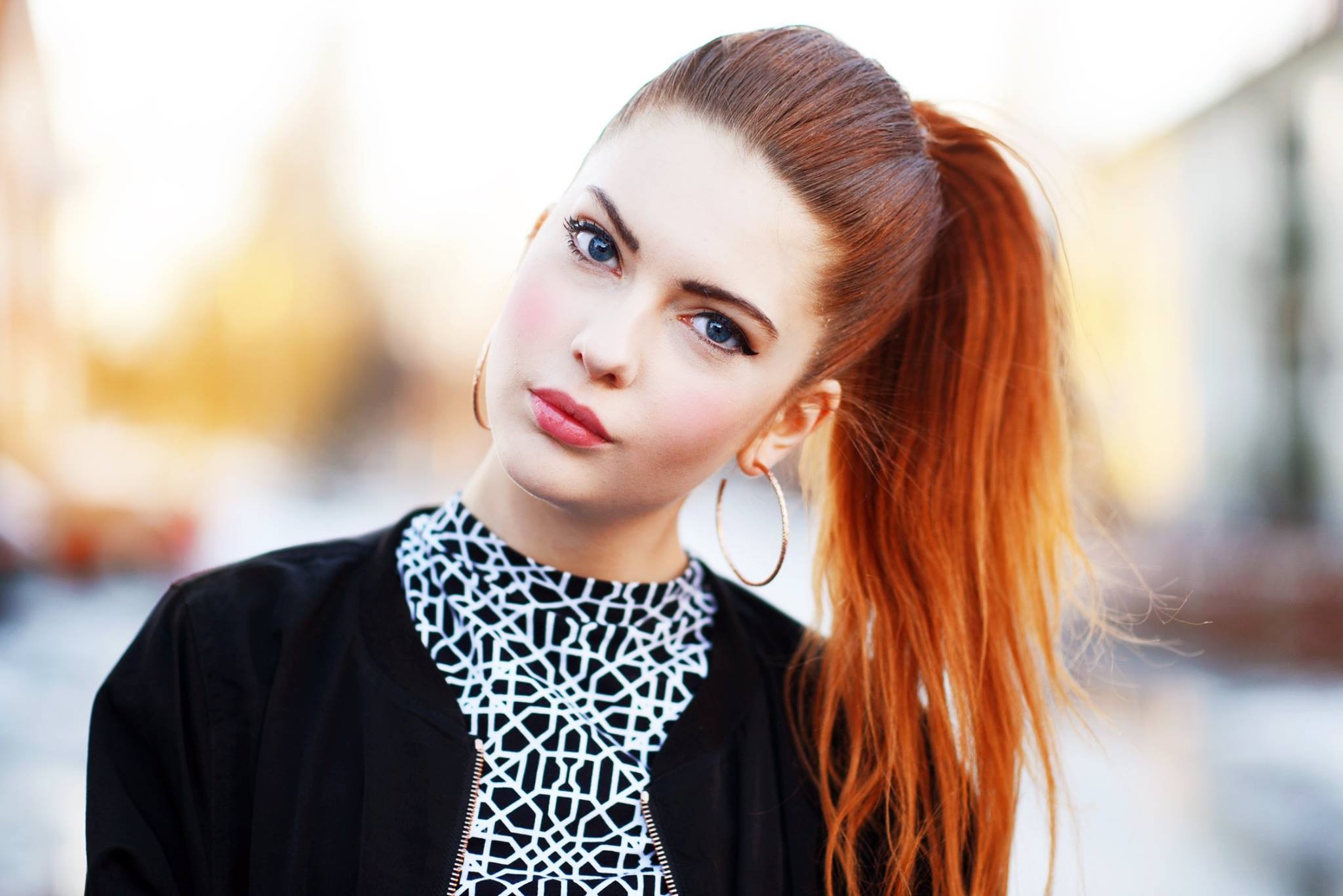 women model ebba zingmark redhead long hair women outdoors blue eyes ponytail earrings Wallpaper
