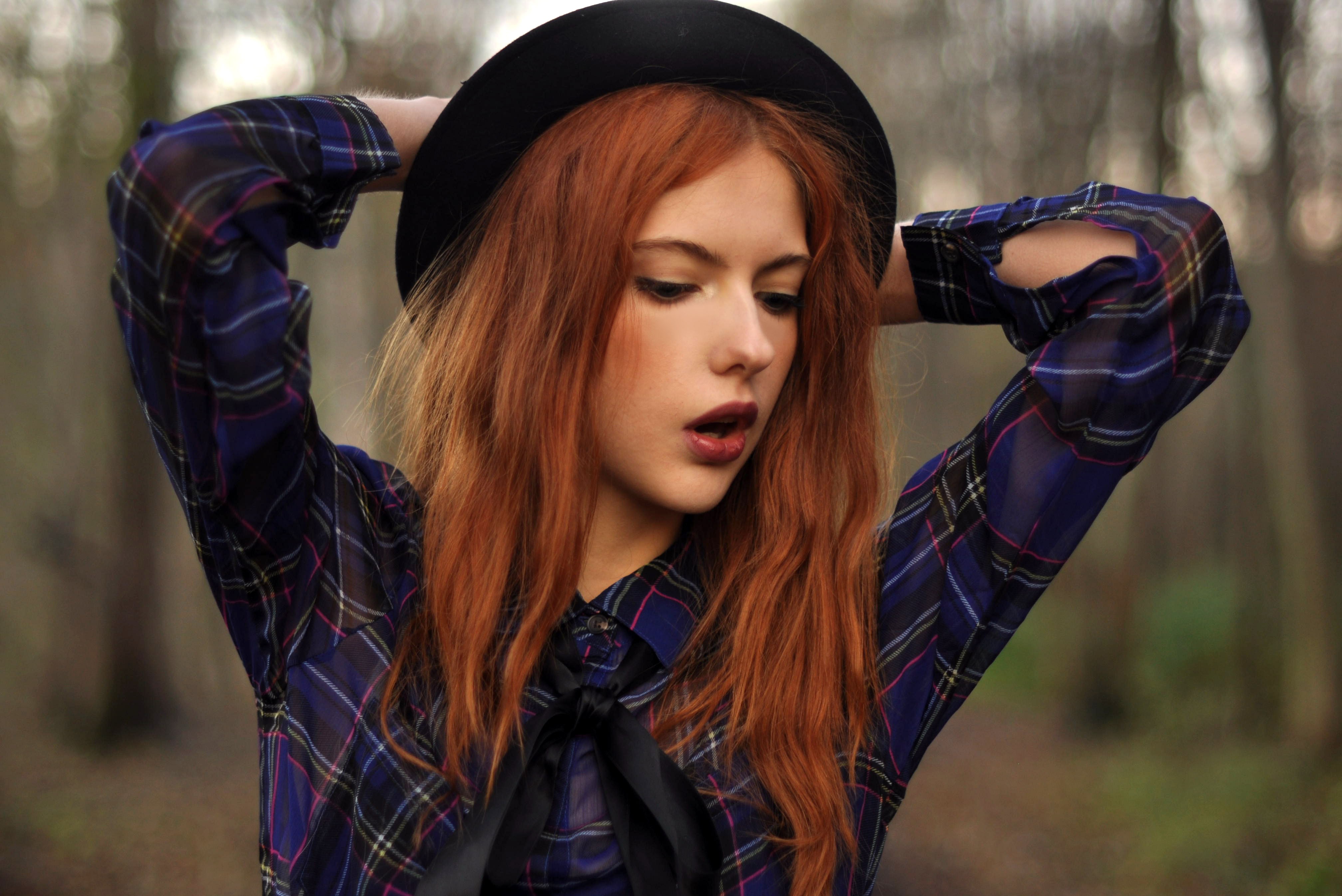 Women Model Ebba Zingmark Redhead Long Hair Women Outdoors Open Mouth Shirt Wallpapers Hd