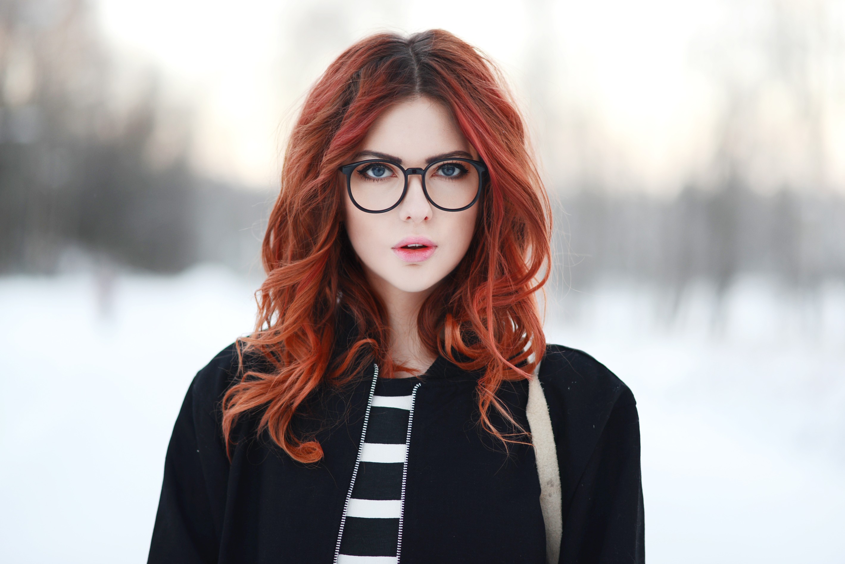 women ebba zingmark redhead long hair women outdoors glasses open mouth sweater snow Wallpaper