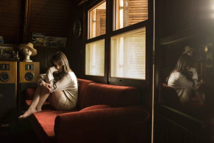 women model brunette sitting window couch reflection barefoot long hair HD Wallpaper Desktop Background