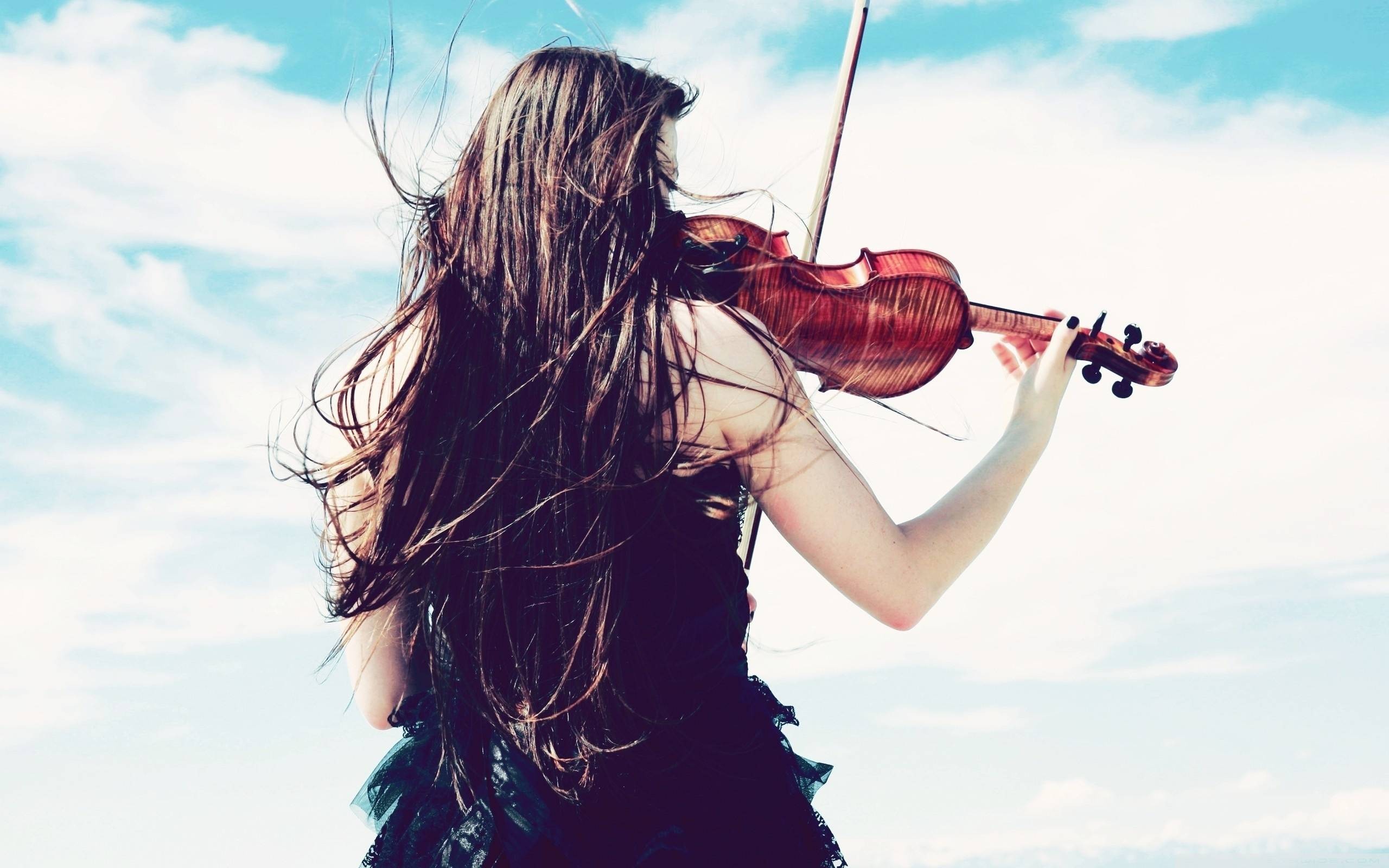 women violin brunette long hair Wallpaper