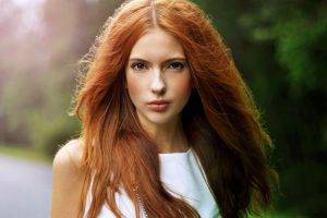 redhead women white tops long hair blue eyes