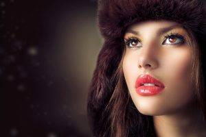 women model brunette long hair face open mouth red lipstick brown eyes airbrushed funny hats juicy lips