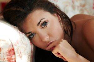 women model brunette long hair face blue eyes open mouth couch