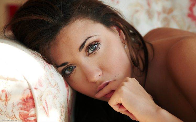women model brunette long hair face blue eyes open mouth couch HD Wallpaper Desktop Background