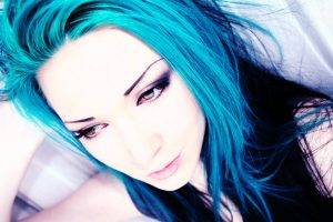 women face blue hair mascara