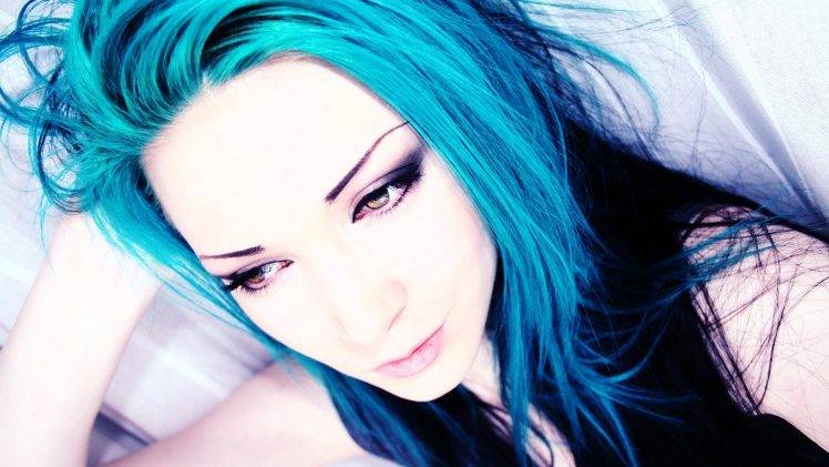 women face blue hair mascara HD Wallpaper Desktop Background
